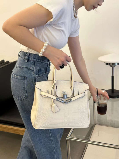 𝐇 Shiny Crocodile Leather Palladium Hardware Bag 25cm