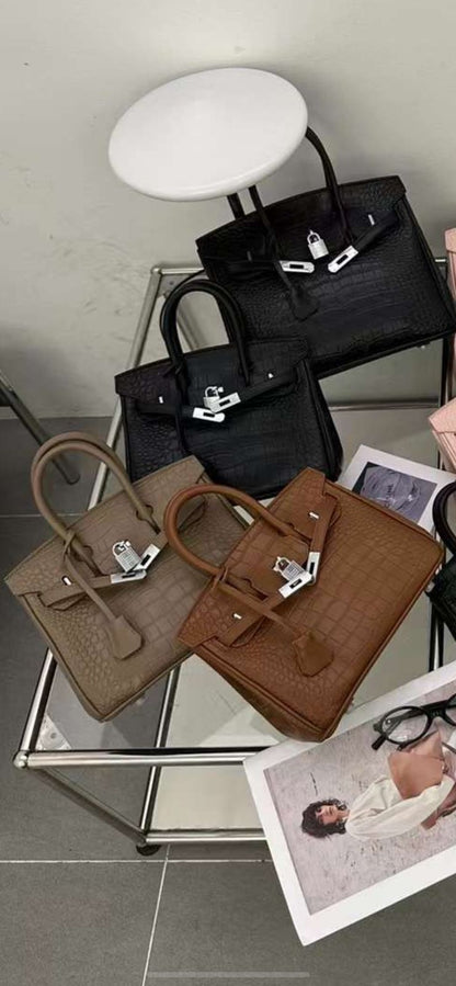 𝐇 Shiny Crocodile Leather Palladium Hardware Bag 25cm